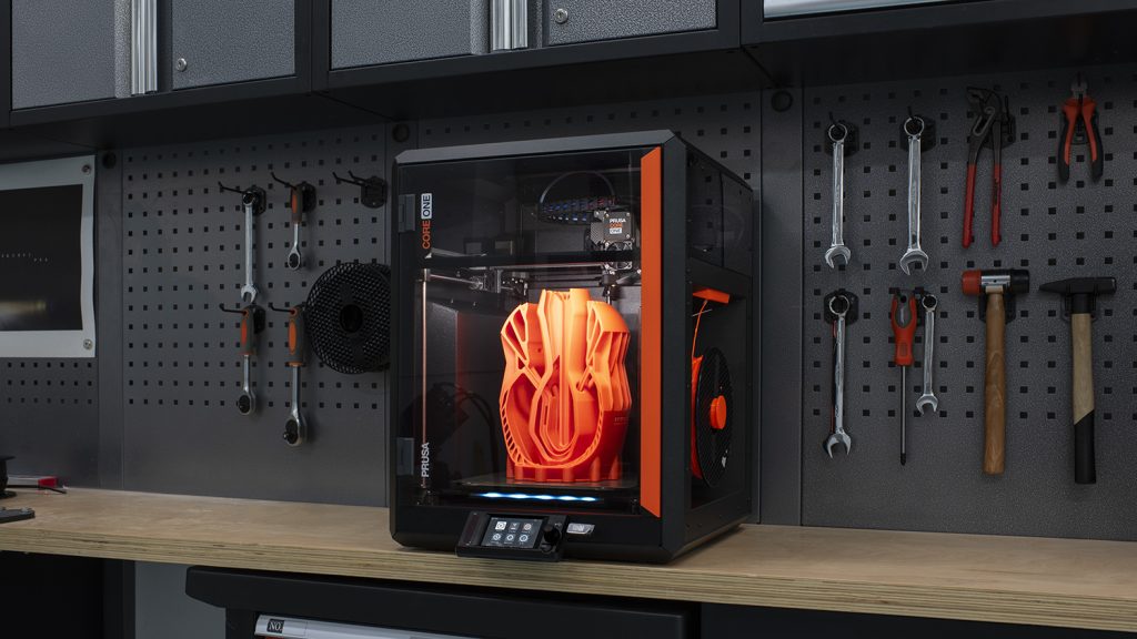 The Prusa Core One on a workbench.